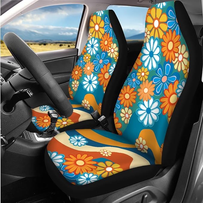 Hippie Floral Pattern Car Seat Covers Full Set for Women, Car Steering Wheel Cover Protector, Auto Center Console Pad, Auto Seat Belt Pads, 8 Pcs Automotive Interior Accessories