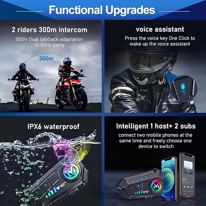 Motorcycle Helmet Bluetooth Intercom IP65 Waterproof Talk Noise Cancelling Dual Communication, 1000mAh Long-Lasting Battery, Helmet Talk Intercom Headset for Riders and Outdoor Adventures (2 Pack)