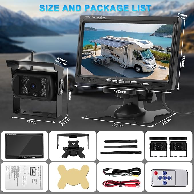 Backup Camera System Kit with 2 Cameras and 7 Inch HD Monitor IP69 Waterproof Night Vision Backup Camera Rear View Camera for Truck RV Van SUV Pickup