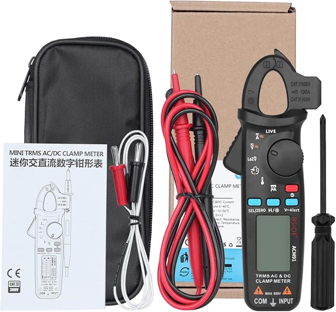 ACM91 Clamp Multimeter Digital AC DC Current Clamp Meter True RMS Auto Range 6000 Counts 100 amp Mini Meter With Temperature Capacitance NCV Measure LoZ Volts