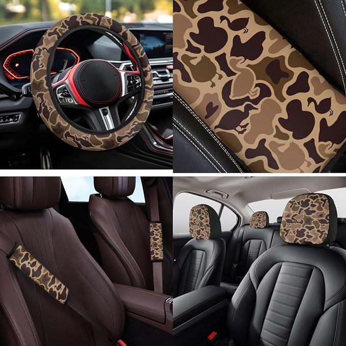 Bulopur Duck Hunting Camo Automotive Seat Covers Front and Back with Car Steering Wheel Cover Non-Slip Armrest Pad Seat Belt Covers Keychain Automotive Interior Accessories Set 14 Pack