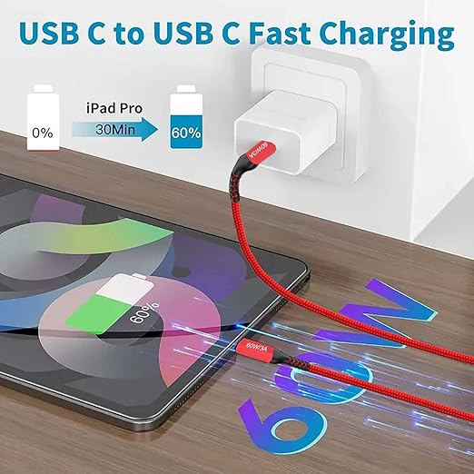 60W USB-C to USB-C Cable 10FT 2Pack, Long Fast Charging Cord Compatible with Apple MacBook Pro/Air, iPad Pro, Samsung Galaxy S23/S22/S21 Ultra and Type-C Car Charging (Red)