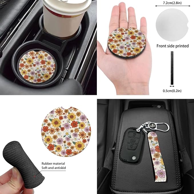 Cottage Daisy Flower Auto Seat Covers for Women Sunflower Car Accessory Car Seat Protector Interior Set with Steering Wheel Cover +Coasters+Key+Interior Mirror Cover+Hand Break+Gear Shift Pad