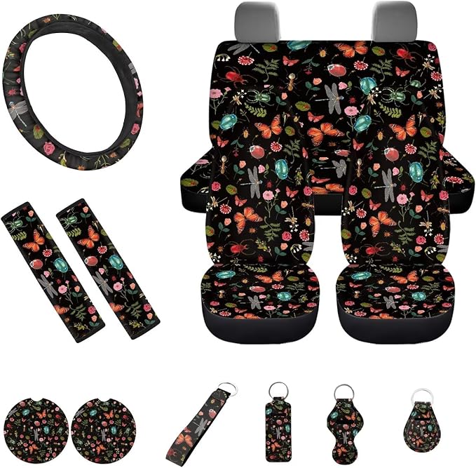 13 pcs Retro Fern Flower Insect Dragonfly Butterfly Print Car Seat Covers Interior Decor Car Accessories Seat Covers/Steering Wheel Covers/Seat Belt Pads/Keychain/Lipstick Holder/Coaster
