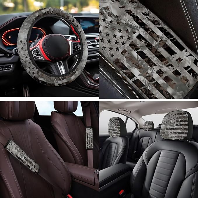Bulopur Vintage American Flag Vehicle Seat Covers Set with 15 Inch Steering Wheel Cover Center Console Cover Seat Headrest Covers Seat Belt Pads Car Interior Accessories Set for SUV Van Sedan