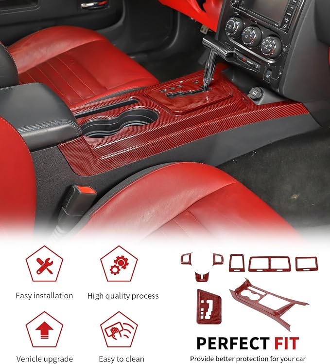 JWWY Challenger Interior Kit for 2009-2014 Dodge Challenger, Gear Shift Panel Dashboard Center Console Vent Outlet Cover Trim Red Carbon Fiber 8PCS