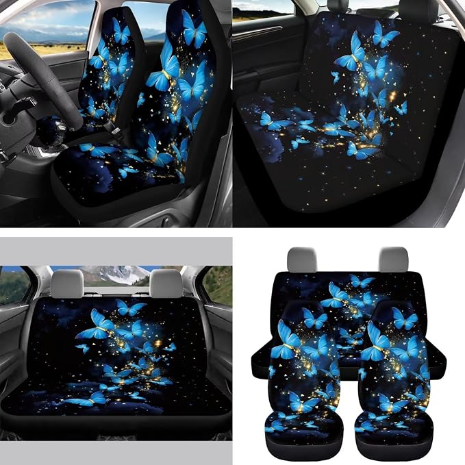 15 Pcs Blue Glitter Butterfly Car Seat Covers Full Set for Women Cute Car Accessories Interior Car Steering Wheel Cover Seatbelt Covers Trash Bin Rear View Mirror Cover Cup Holders Keychain