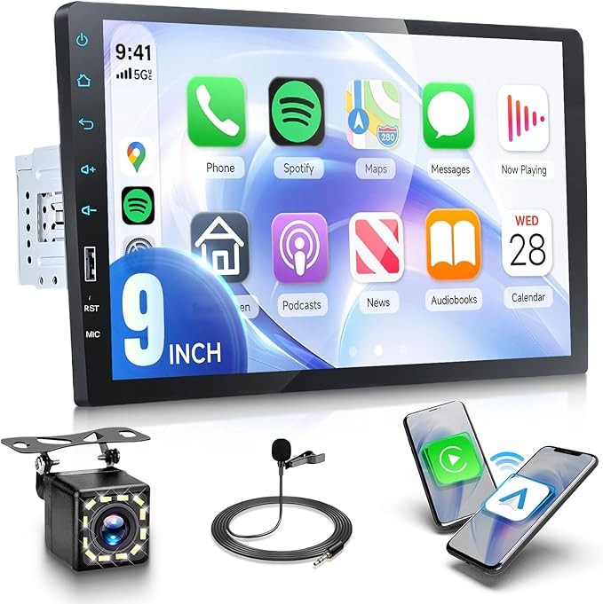 9 Inch Single Din Car Radio Stereo, Wireless CarPlay Android Auto, 1 Din Touchscreen Car Stereo, Bluetooth FM EQ USB SWC MIC, Support Mirror Link Backup Camera