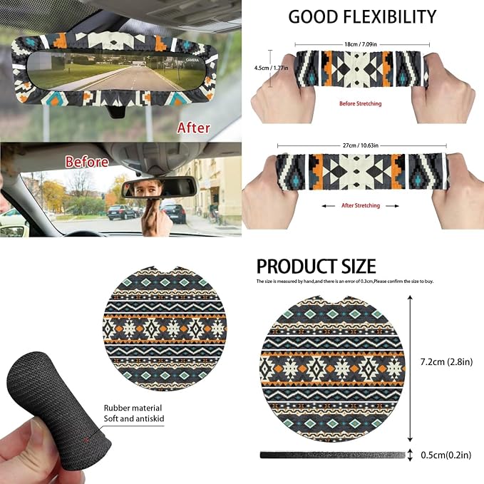 Native Geo Car Seat Covers Set of 15 with Universal Steering Wheel Cover, Rearview Mirror Cover, Car Trash Can, Seatbelt Pads, Cup Holder Coasters, Keychains