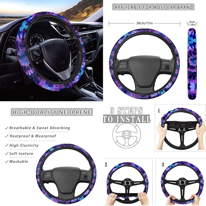 Howilath Purple Swirl Tie Dye Car Front Seat Cover with Center Console Cover+Steering Wheel Cover+Seatbelt Pads+Keychain+Coasters Set of 10 Auto Accessories