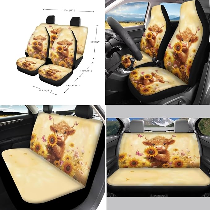Suobstales Highland Cattle Sunflower Daisy Butterfly Print Car Accessories Car Seat Covers Full Set Interior Cover Seat Protectors with Steering Wheel Cover, Seat Belt Pads, Coaster, Keychains