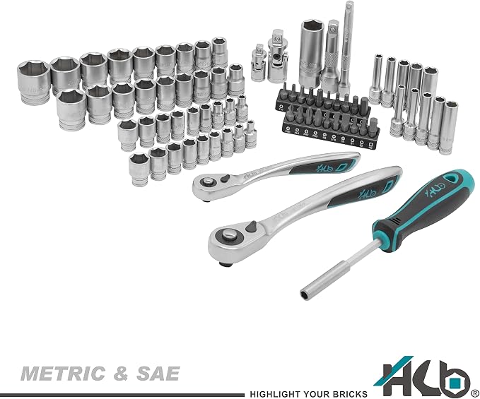 HB 75-Piece Mechanic Tool Set AKX006-U1 | 120-Tooth Ratchet 3/8-Inch & 1/4-Inch Drive with SAE Metric Deep Sockets TORX Bits Extension Bar | Chrome Vanadium Steel Portable Carry Case Made in Taiwan