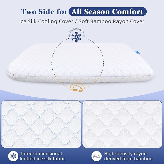 Ultra Thin Flat Pillows for Sleeping Standard Size Set of 2, Cooling Memory Foam Pillow 2.75 inch Height Ultra Thin Pillow,Slim Bed Pillows for Stomach Back Sleeper,16x25 Inch
