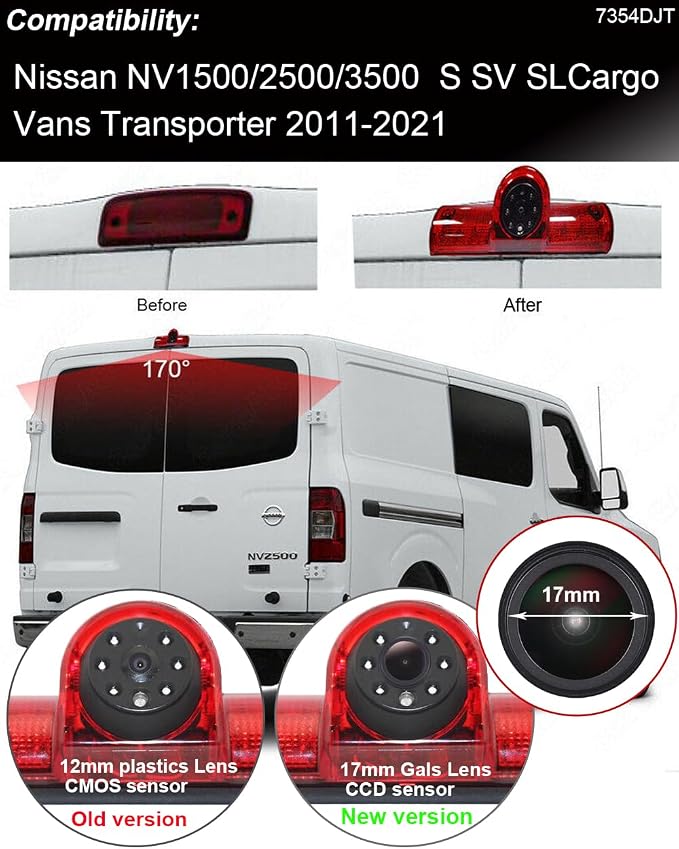 1280 * 720 Pixel Third Roof Brake Lamp Car Backup Camera Replacement for Nissan NV1500/2500/3500 S SV SL Vans Transporter 2011-2021 Waterproof Night Vision Reverse Parking+7" Reverse Monitor