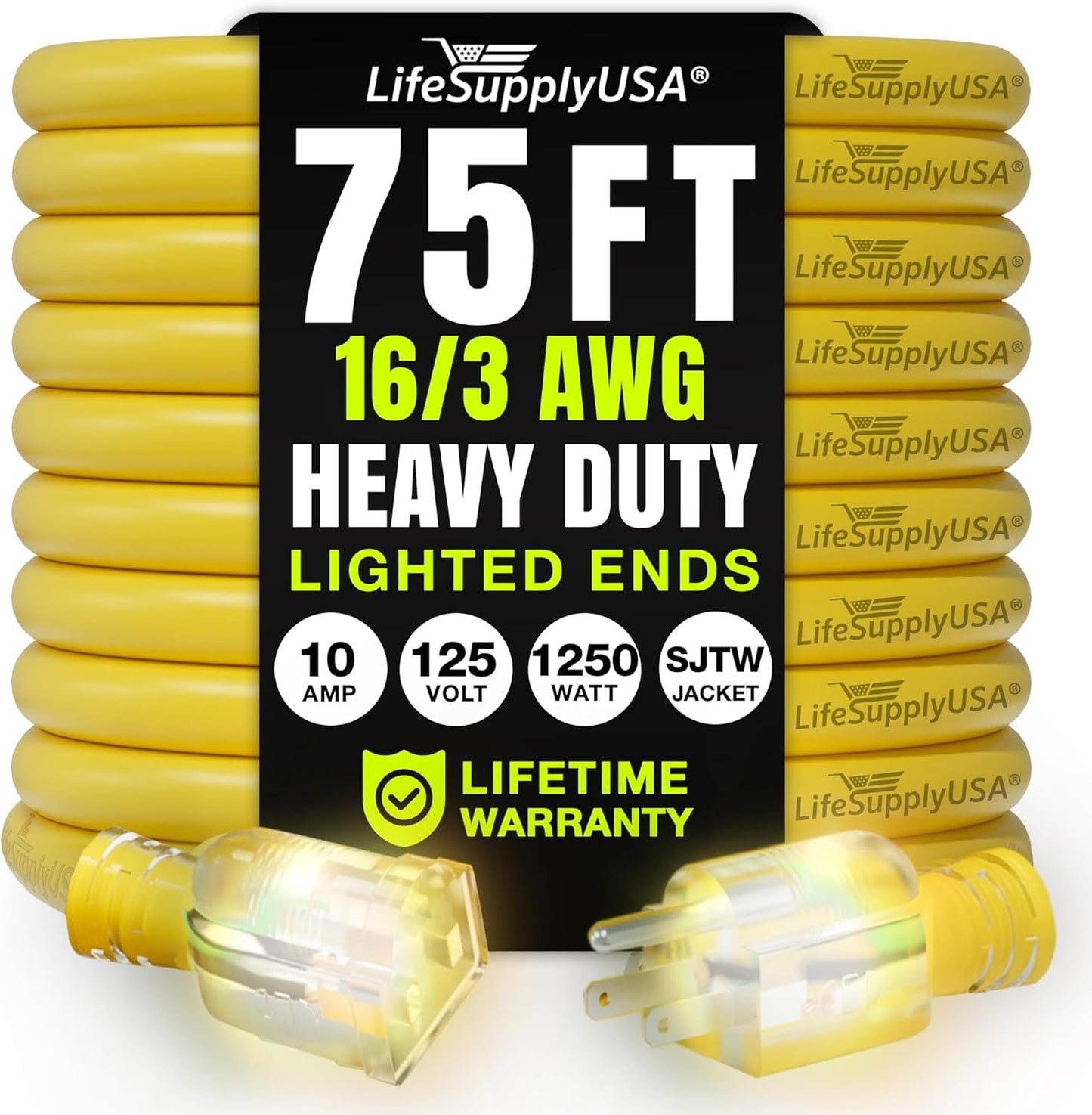 75ft Outdoor/Indoor Extension Cord 16/3 Gauge Heavy Duty 3 Prong SJTW, Waterproof, Flexible Cold-Resistant Long Power Cord,10A 125V 1625W, Yellow by LifeSupplyUSA