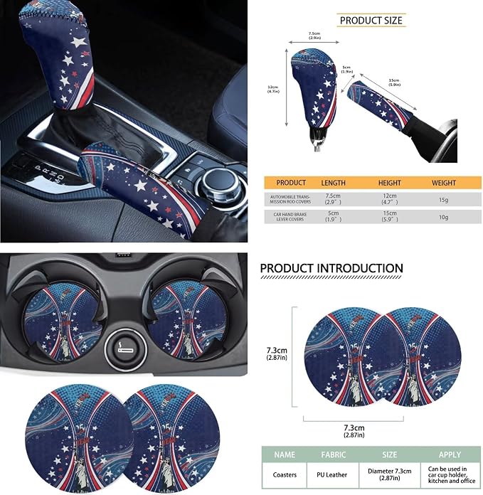Statue of Liberty Print Car Seat Covers Front and Back Full Set 250 Year Decorative Headrest Covers Steering Wheel Cover Safety Belt Pads Armrest Cushion and Cup Coasters