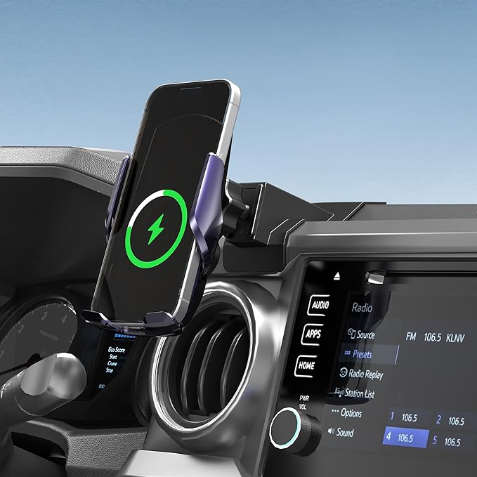 Car Phone Mount for Toyota Tacoma 2016–2023, Smart Auto-Clamping on Custom Dashboard Base, 15W Wireless Fast Charging, 360° Adjustable, Without Blocking Airflow, Toyota Tacoma Essential Accessories