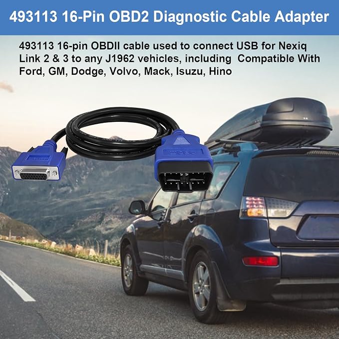 493113 16-Pin OBD2 Diagnostic Cable Adapter, Compatible with Nexiq USB Link 2 and 3 for J1962 Vehicles, Compatible with Ford, GM, Dodge, Volvo, Mack, Isuzu, Hino