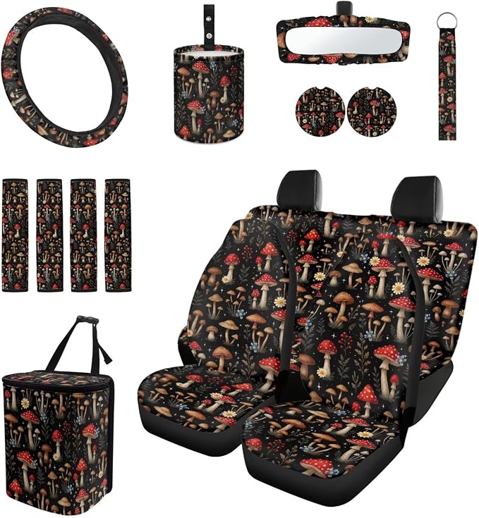 15 Pcs Mushroom Auto Interior Accessories Car Seat Covers with Auto Steering Wheel Cover Seat Belt Covers Car Trash Can View Mirror Cover Coaster Keychains