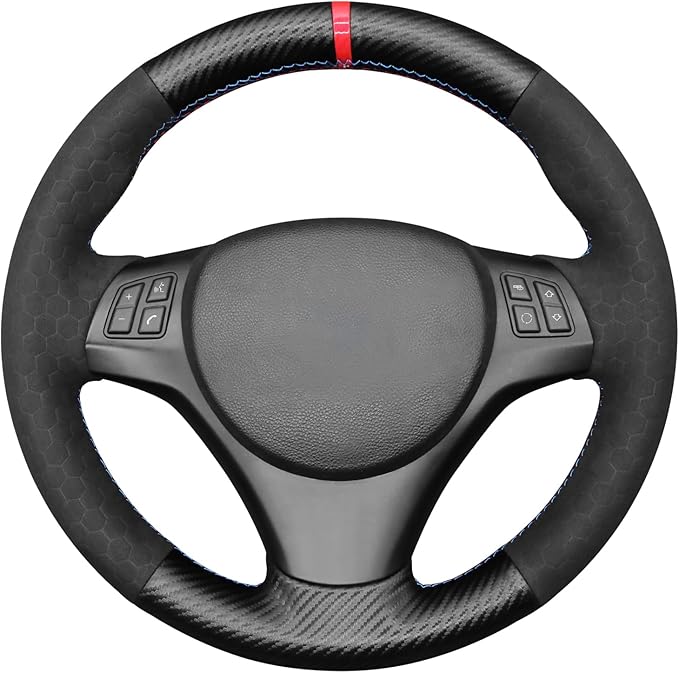 MEWANT Steering Wheel Cover for BMW 1 Series E81 E82 E87 E88 /3 Series E90 E91 E92 E93/ M3 E90 E92 E93Hand Stitch Suede and Carbon Fiber