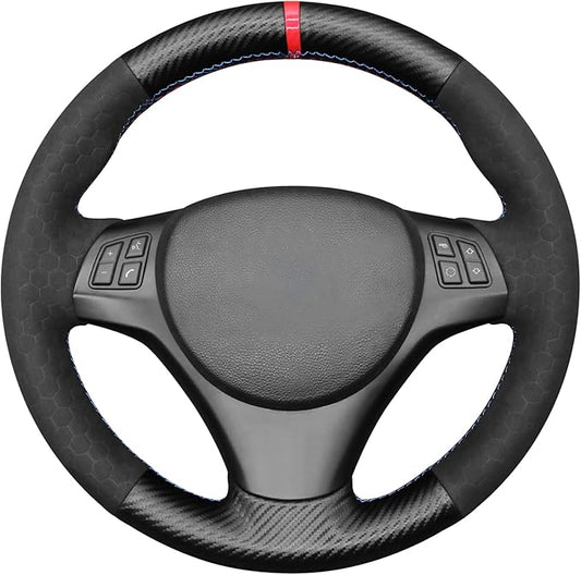 MEWANT Steering Wheel Cover for BMW 1 Series E81 E82 E87 E88 /3 Series E90 E91 E92 E93/ M3 E90 E92 E93Hand Stitch Suede and Carbon Fiber