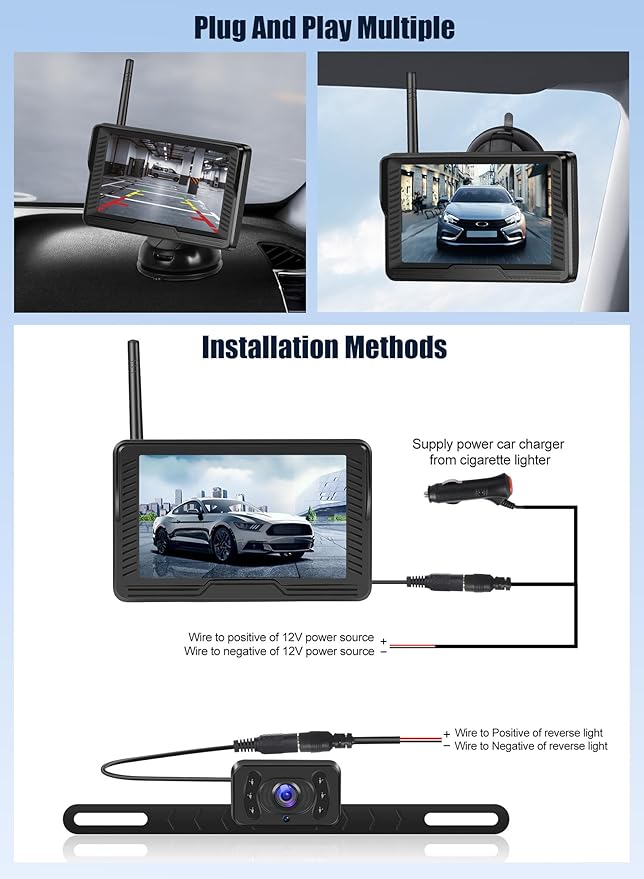 Wireless Backup Camera, 4.3" Easy Setup Plug-Play, AHD Screen Reverse Rear Camera, IP69 Waterproof, Clear Night Vision, Infrared, Long Range with Monitor System for Car Truck SUV