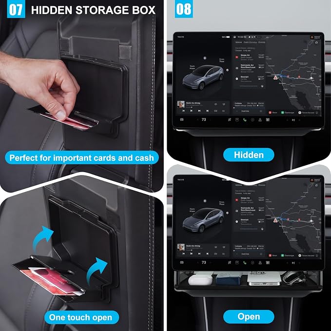 BBTO 8 Pcs Center Console Organizer Compatible with Tesla Model Y Juniper 2025 2026 Accessories Double Layer Center Console Tray Hidden Storage Box Charging Pad Cupholder Interior Storage Accessories