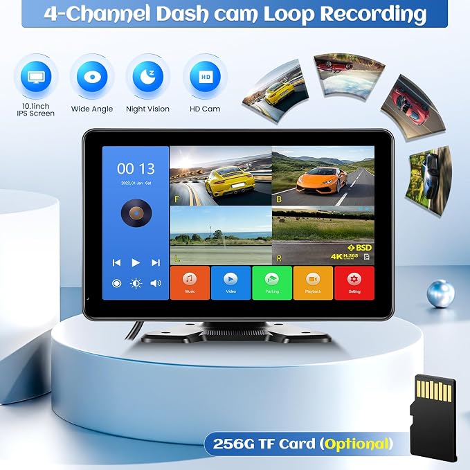 4 Channel Backup Camera System,10.1 Inch IPS Reversing Monitor with Rear Side View 4 AHD Camera 1080P IR Night Vision DVR Recording Backup Heavy Duty Camera for Trucks/Bus/Trailer/RV