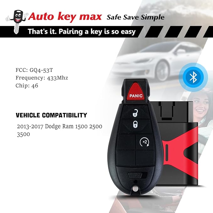 Programmable Keyfob, Replacement Car Keys Fob and DIY Programmer Kit for 2013-2017 Dodge RAM 1500 2500 3500 Remote GQ4-53T