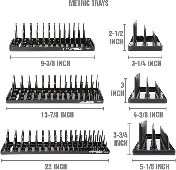 OEMTOOLS 22338 3-Post Metric Socket Tray Set, 3 Piece, Deep, Shallow, and Impact 3 Row Socket Organizer for Tool Box Drawer, Holds 141 Tools, 1/4, 3/8, and 1/2 Inch Drive, Metric, Black