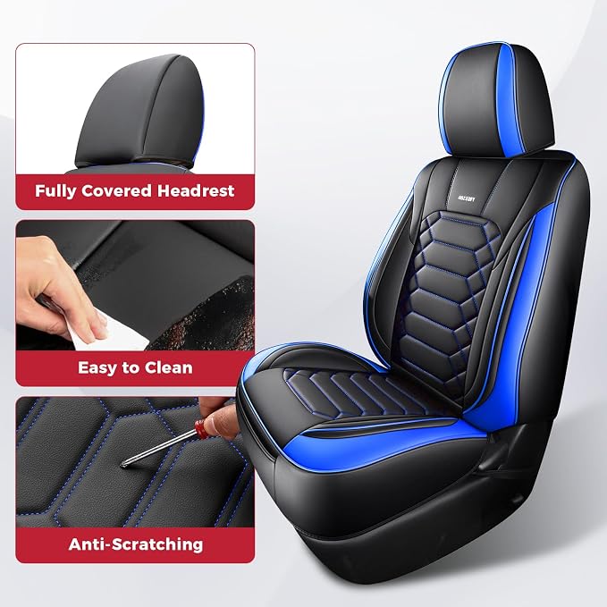 FREESOO 2 Front Tacoma 2005-2023 Seat Covers Custom Fit for Toyota Tacoma Double Crew Cab Faux Leather Pickup Truck Seat Covers (2 PCS Front, BlackBlue)