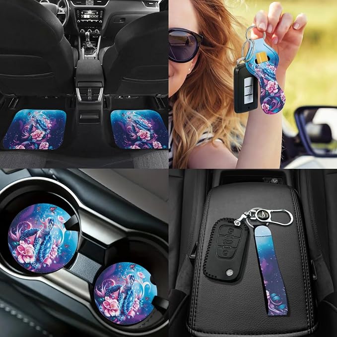 17Pcs Sea Turtle Flower Car Seat Covers Full Set for Women,Sea Turtle Flower Car Accessories Set with Seat Belt Pads Steering Wheel Cover Auto Front Rear Foot Carpet All Weather,Universal Fit