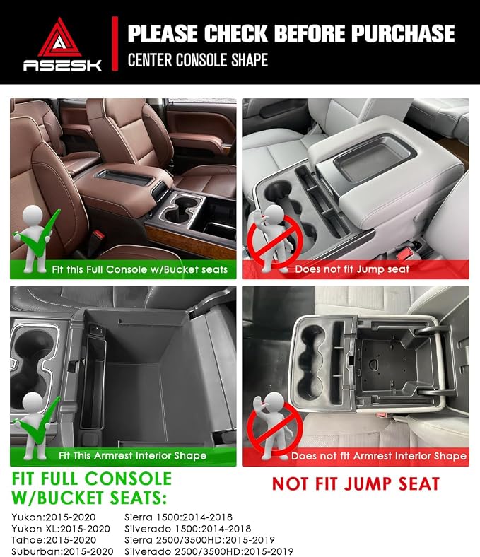 For 2014–2018 Silverado/Sierra 1500&2015–2019 Silverado/Sierra 2500HD/3500HD& Yukon/Yukon XL/Tahoe/Suburban–Full Console w/Bucket Seats Only Center Console Armrest Organizer Tray