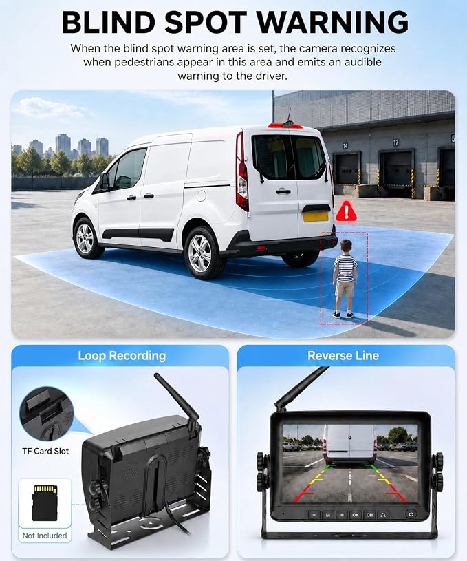 7'' Monitor Rear View Cam for Ford Transit 2014–2018,3rd Brake Light Replacement Cam,Black&White Night Vision,IP67,BSD Blind Spot Detection, Loop Recording,Parking Guide Lines,Adjustable Viewing Angle