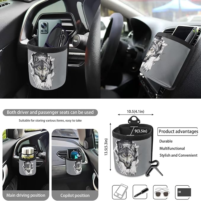 Wolf Grey Pattern Car Accessories Set 10 Pack Car Seat Covers Car Trash Can Steering Wheel Cover Auto Air Vent Storage Bag Coasters Keychain Universal Fit for SUV Van Truck