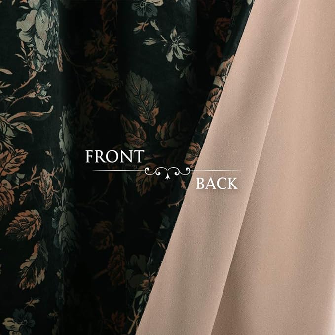 StangH Black Velvet Curtains 63 inch Length, Vintage Short Room Darkening Floral Curtains Printed Pattern Window Treatments for Bedroom Home Office, W52 x L63, 2 Panels
