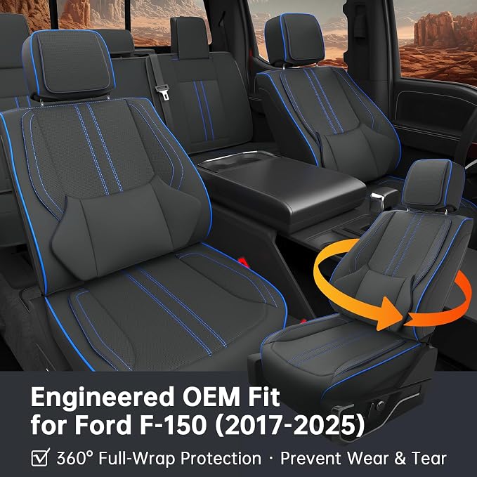 W&PMAX Front Seat Covers for Ford F-150 (2015–2025), Custom-Fit Waterproof Leather, Heated & Cooling Compatible – 2 PCS, Black/Blue Stitching