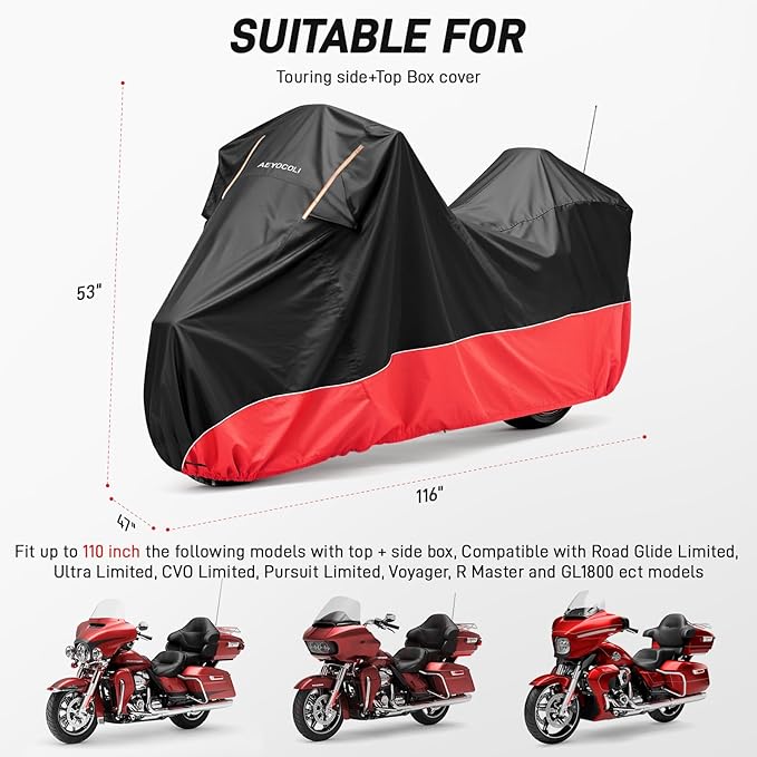 Waterproof Motorcycle Cover 420D Oxford Heavy Duty with Side Top Box Compatible with Harley Davidson Touring Ultra Limited Street Glide Road Glide Electra Glide (116" x 47" x 53")