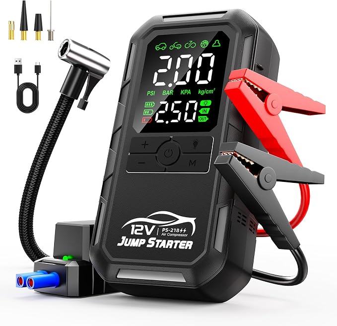 10-in-1 Car Battery Jump Starter with Air Compressor 8000A 160PSI Portable Car Jumper Starter (All Gas 12L Diesel), 12V Jump Box Car Battery Jump Starter Portable Jumper Cables, Lights (8000A)