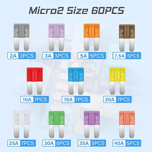 JOREST 60Pcs Micro Assorement Fuses Kit -Micro2 Fuse kit, Micro 2 Automotive Replacement Fuses for Car RV Truck Motorcycle(2Amp 3A 5A 7.5A 10A 15A 20A 25A 30A 35A 40A)
