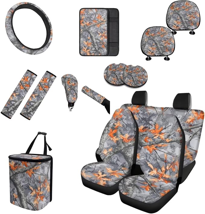 Camo Maple Leaf Car Seat Covers Full Set for Women Flower Car Accessories Set 15 Pcs Car Steering Wheel Cover Seat Belt Pad Trash Can Coasters Car Headrest Pillow Covers Armrest Pad