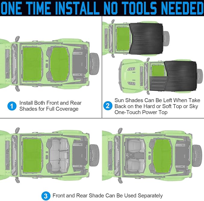 JL Top Sun Shade Roof Compatible with Jeep Wrangler 2 or 4 Door 2018 to 2023 Sunshade Sunroof Blocks UV Wind Noise Green Mesh for Front and Rear 2 pcs