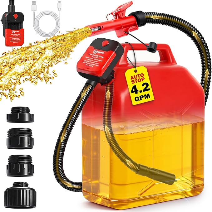 Fuel Transfer Pump with Auto-Stop, 4.2 GPM Battery or USB-Powered Petrol Pump for Fuel Cans, Portable Electric Petrol Transfer Pump with 51" Hose & 4 Adapters for Fast, Safe and Spill-Free Refuelling