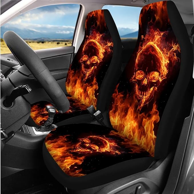 8 Pcs Flame Skull Print Car Interior Accessories, Car Seat Covers, Auto Steering Wheel Cover, Auto Center Console Pad, Seat Belt Pads, Universal Fit Cars SUVs Trucks