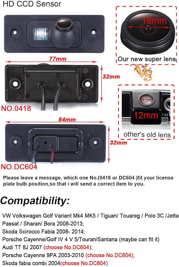 170 Degree Viewing Angle Rear View Back up Camera HD CCD License Plate Light Parking Camera Replacement for Audi TT 8J 2007/Porsche Cayenne 9PA 2003-2010(NO.DC604)