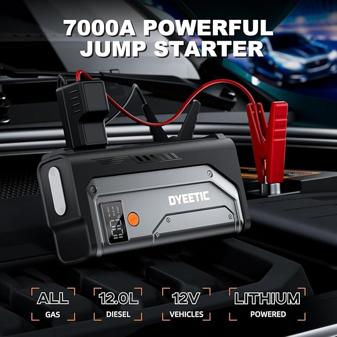 7000A Jump Starter, 12V Car Battery Booster Pack(All Gas/12.0L Diesel)，Car Starter Smart Jumper Cables with USB Fast Charging Power Bank, 800LM Flashlight