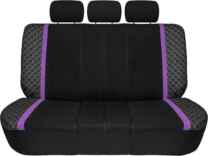 We Are Young Life is Fun™ Checker Car Seat Covers Universal Fit Interior Accessories Full Set Purple Seat Cover Combo Steering Wheel Cover and Seat Belt Pads, Airbag and Split Rear Car Seat Covers