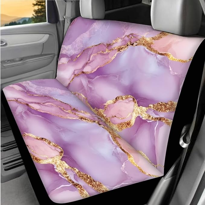 BIGCARJOB Pink Marble Print Car Seat Covers Set 15 Pcs Pink Marble Texture Car Interior Accessories Full Set Auto Seat Headrest Cover Steering Wheel Cover Car Trash Can Hanging