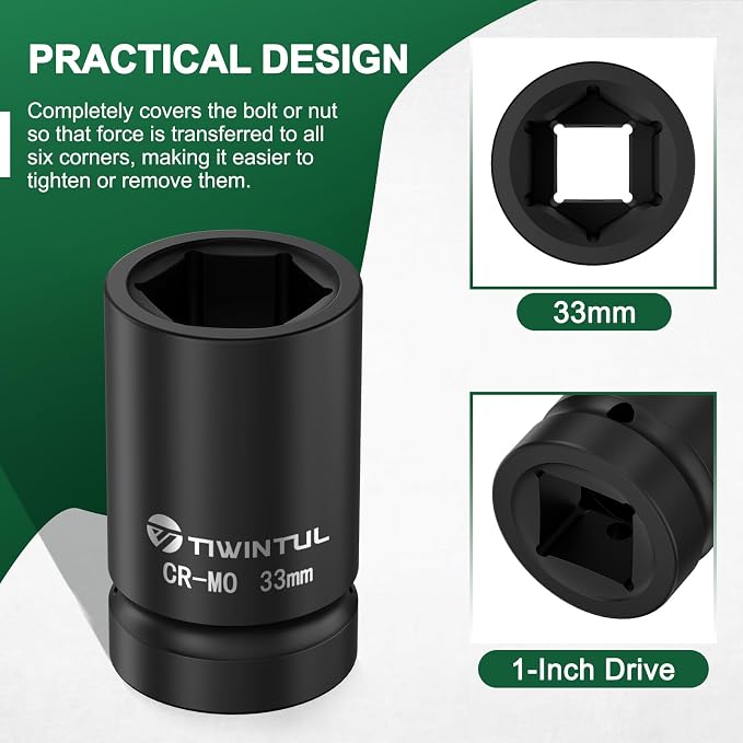 33mm Impact Socket 1" Drive, Deep 6 Point Design, CR-MO, ANSI Certified, Heavy Duty 33mm Socket 1 Inch Drive for Truck, Bus, Trailer & Farm Machinery Maintenance