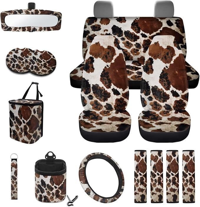 Brown CowPattern Car Accessories Set of 15, Front Rear Seat Covers Protector Steering Wheel Cover Seatbelt Cushion Trash Can Cup Holders Air Vent Storage Bag